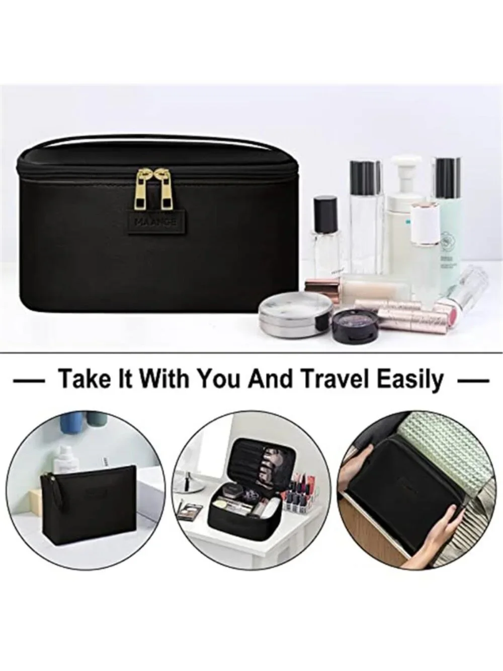 Womens Travel Makeup Bag Set Cosmetic Toiletry Organizer Pouch PU Leather 3 Pcs